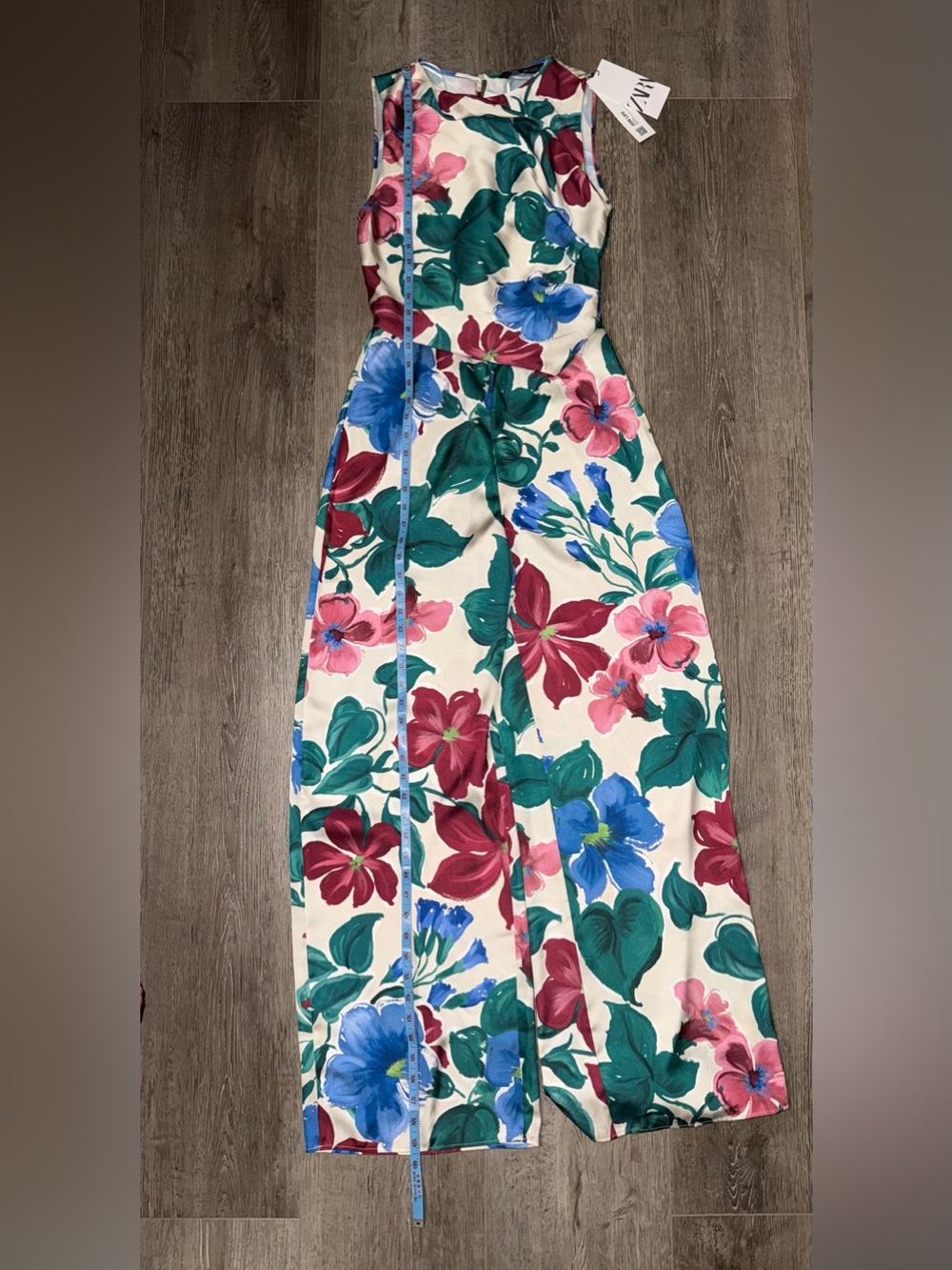 NWT Zara Cream Wide-Leg Jumpsuit with Blue, Pink & Green Floral Print - Picture 6 of 13